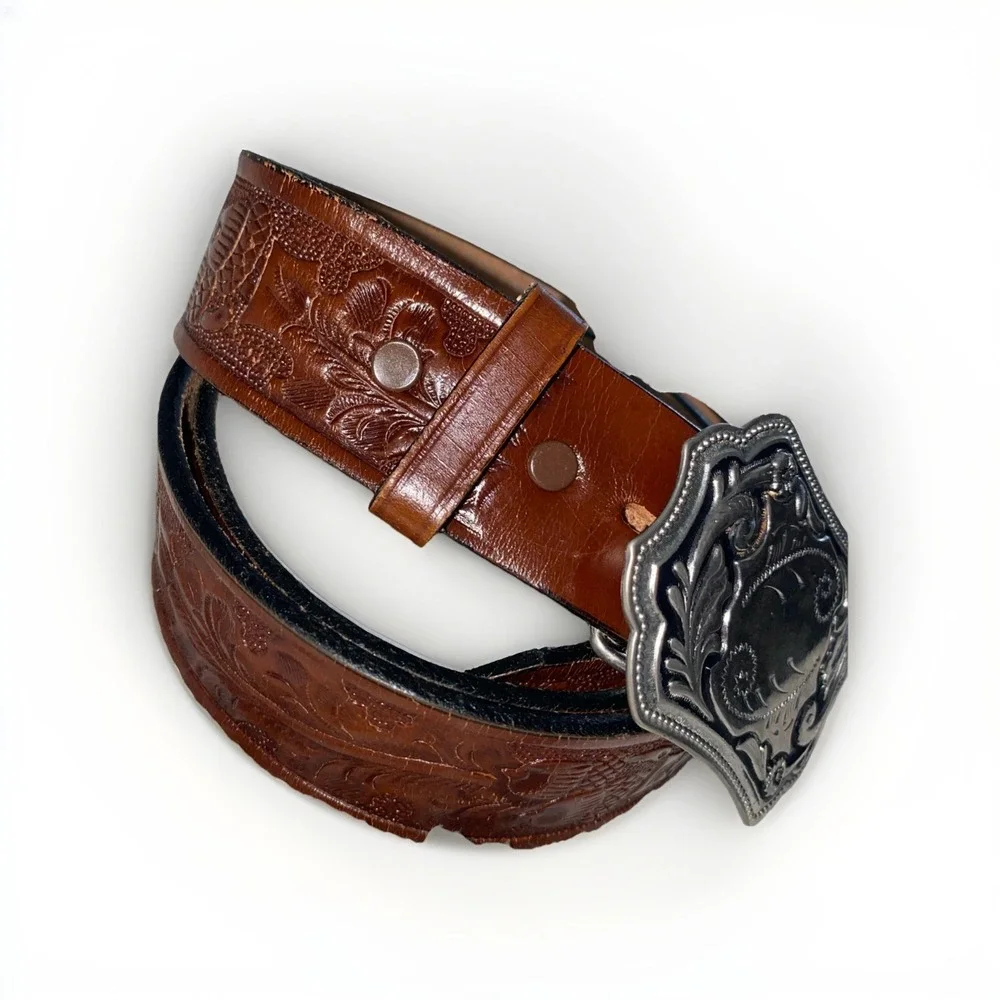 Tony Lama Brown Tooled Leather Western Belt Silver Ornate Buckle 11554‎ Mens 42
